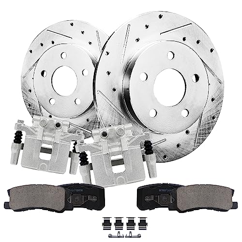 Image of Detroit Axle - Rear Drilled & Slotted Brake Rotors Calipers Pads | Replacement for Dodge Caliber Mitsubishi Lancer Outlander Sport RVR