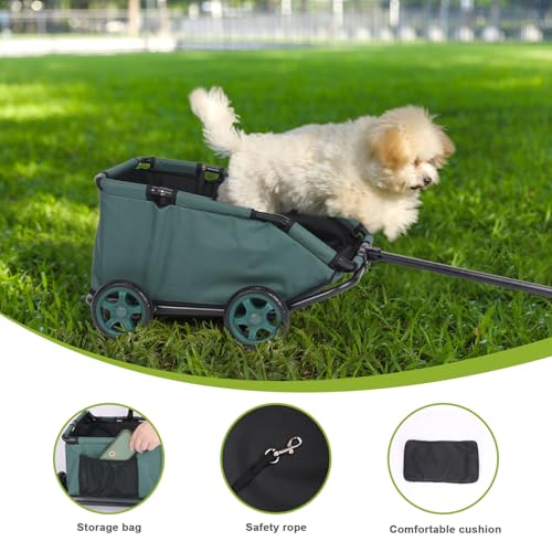Mini-Hundewagen für Mini-Haustiere, faltbarer multifunktionaler Einkaufswagen mit ausziehbarem Ziehgriff Im Freien, Wagon eingebautem Kissen und Sicherheitsseil mit Aufbewahrungstasche (Dunkelgrün)