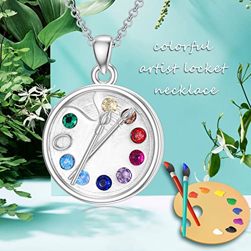 Leecci Artist Locket Necklace 925 Sterling Silver Paint Palette And Brush Necklace Pigment Colorful Painters Pendant Holds Photo Necklace Future Artist Jewelry Gifts For Girl Women #TOP3