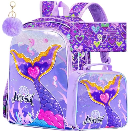 Image of 16 inch Mermaid Backpack for Girls, 3Pcs Kids Fish Tail Backpacks with Lunch Box, School Bookbag for Elementary Preschool Kindergarten(Purple)
