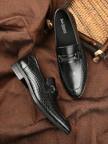 Image of San Frissco Men's Loafers Brown Textured Handcrafted Formal Horsebit Shoes /Slip-on Shoe for Office, Wedding & Parties /Easy to Match Moccasins with Stylish Lightweight and Comfortable