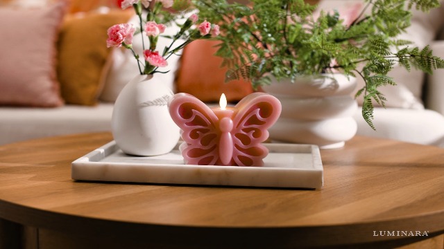 Image of Luminara - Flameless Flickering Moving Flame Nature-Inspired Battery Operated LED Decor - Spring Summer Collection - Blooming Mauve Butterfly Garden Candle - 6.6 inch x 4.3 inch