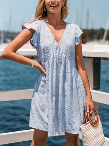 Image of CUPSHE Women's Summer Flutter Sleeve Sundress V Neck Tunic Flowy Mini Dress CasualHoliday Beach Short Dresses