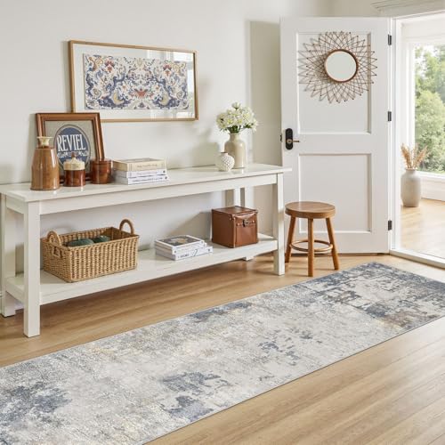 2X10 Washable Runner Rug for Hallway: Soft Neutral Modern Abstract Area Rug - Non-Slip Low Pile Long Throw Indoor Carpet for Kitchen Entryway Kitchen Bedroom Laundry - Blue Grey