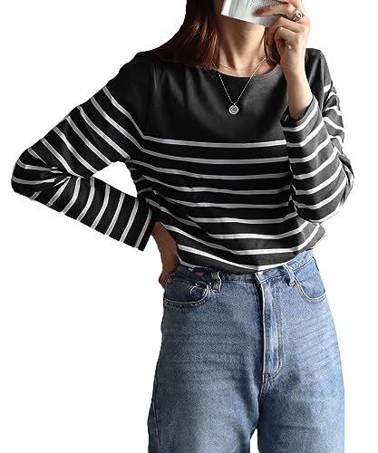 [神戸レタス] ロンT Tシャツ 長袖 レディース ボーダー トップス 綿100% カジュアル シンプル 春 秋 [C1729] M パネル ブラック/オフのサムネイル