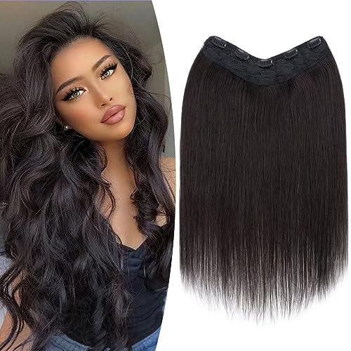 TESS Clip In Hair Extension 16 Inch,Hair Extensions Real Human Hair One Peice U-Shaped Straight Hairpieces for Women/Ladies/Girls(#1B Natural Black,16Inch)