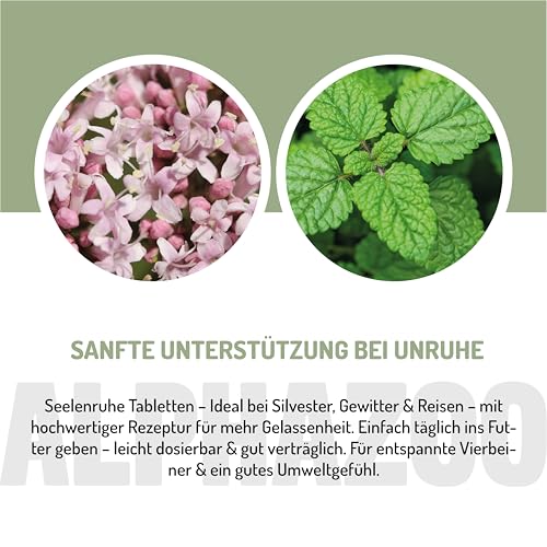 alphazoo Seelenruhe Tabletten für Hunde 180g - Ergänzungsfuttermittel mit Baldrian Melisse Hopfen - mit Hanföl & Taigawurzel - ohne künstliche Zusätze - für Gewitter Silvester Autofahrt