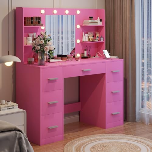 Image of YESHOMY Vanity Desk with Mirror, Power Outlet and 10 Lights, Makeup Table with 7 Drawers, 3 Color Modes Available for Bedroom, Dark Pink