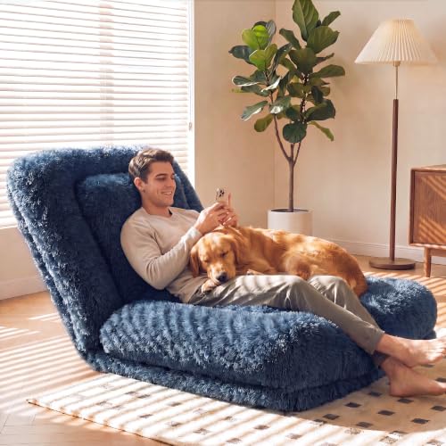 Flamaker Human Dog Bed Adjustable Foldable Human Dog Bed for Adult & Pets with Egg Orthopedic Foam Adjustable Upholstered Big Bean Bed with 2 Soft Cushions for Living Room Bedroom (Dark Blue)
