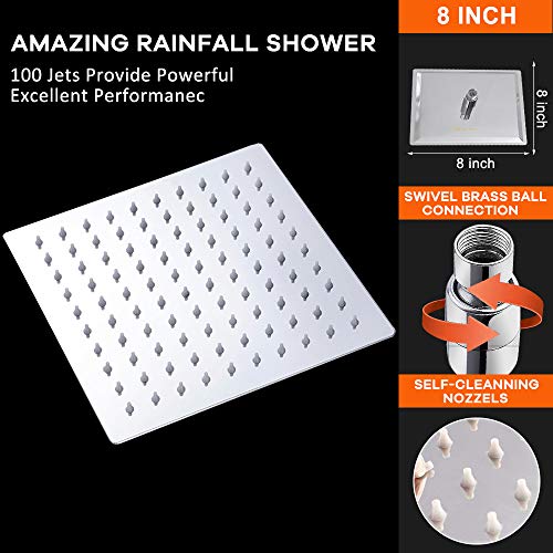 Rain Shower head, NearMoon High Flow Stainless Steel Square Rainfall ShowerHead, High Pressure Design, Awesome Shower Experience Even At Low Water Flow (8 Inch, Chrome Finish)