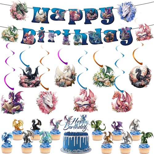 Kit anniversaire dragon pour fête enfant : bannières et déco de gâteau dinosaure