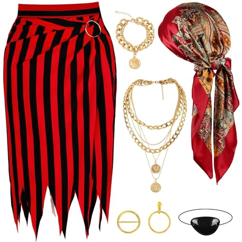 7 Pieces Pirate Costume Pirate Skirt Costume Women Pirate Open Design Skirt Dress Adults Head Scarf...