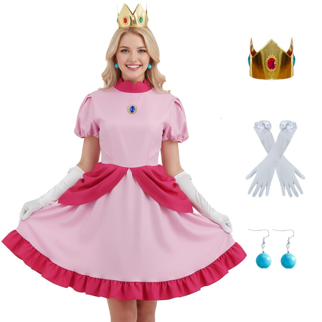 AYYOHON Princess Rosalina Costume Adult Princess Daisy Dress for Women Halloween Cosplay Dress with Crown Earrings Gloves 2XL