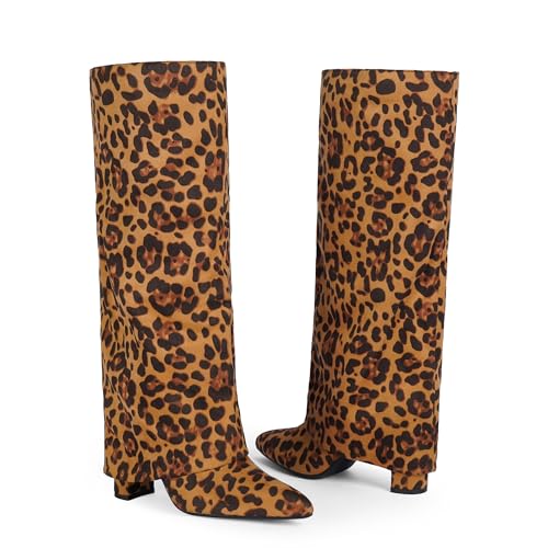 Image of Modatope Knee High Boots Women Fold Over Knee High Boots Chunky High Heels Long Boots Zipper Pointed Toe Dress Tall Boots for Women