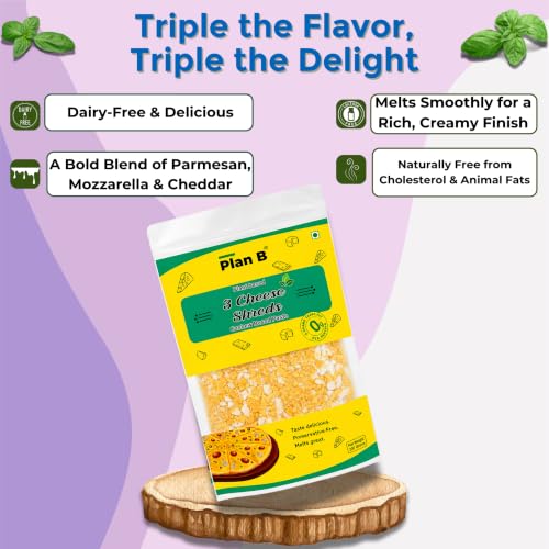 Image of Plan B Plant-Based 3 Cheese Shreds |Pack Of 2 (200 G Each) | Cheddar, Mozzarella & Parmesan Blend | Dairy-Free, Lactose-Free & Gluten-Free | Perfect for Pizza, Pasta & Sandwiches