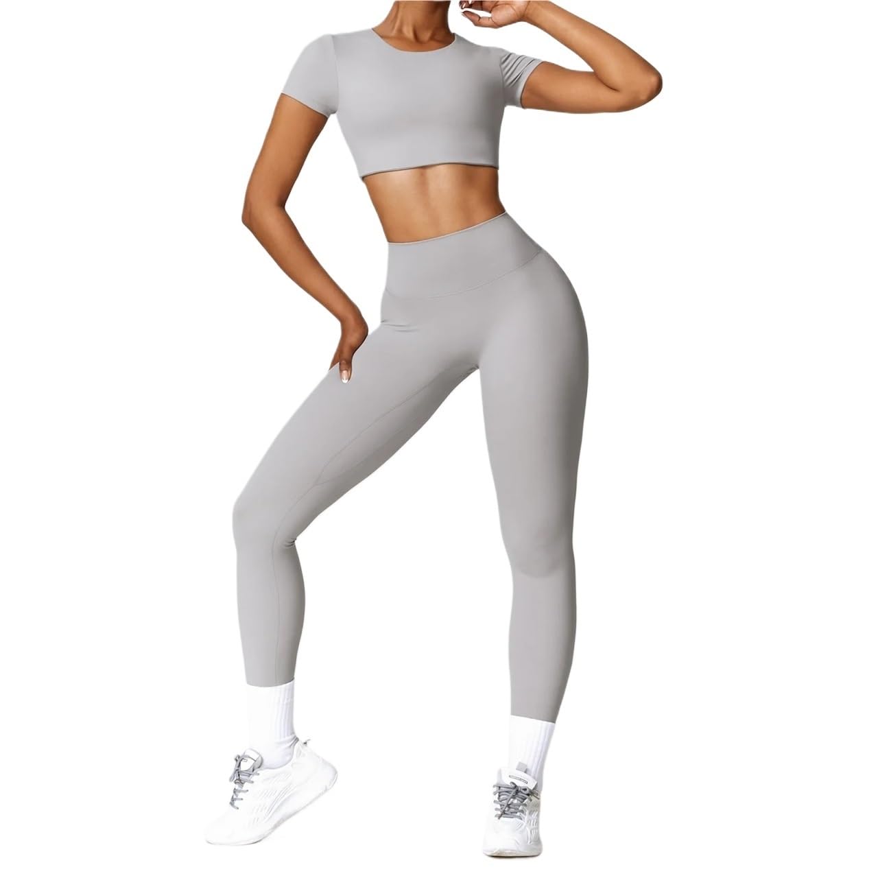 Conjunto de yoga para mujer Conjunto de Yoga sin costuras for mujer, ropa deportiva entrenamiento, gimnasio, Top corto manga larga y cintura alta, 2 uds