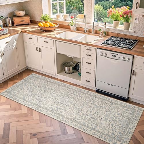 jinchan Zenith Floral Runner Rug 2x5 Washable Kitchen Runner Non-Slip Low-Pile Soft Carpet Runner Botanical Throw Rug for Entryway Laundry Room Hallway Bedroom Blue/Cream