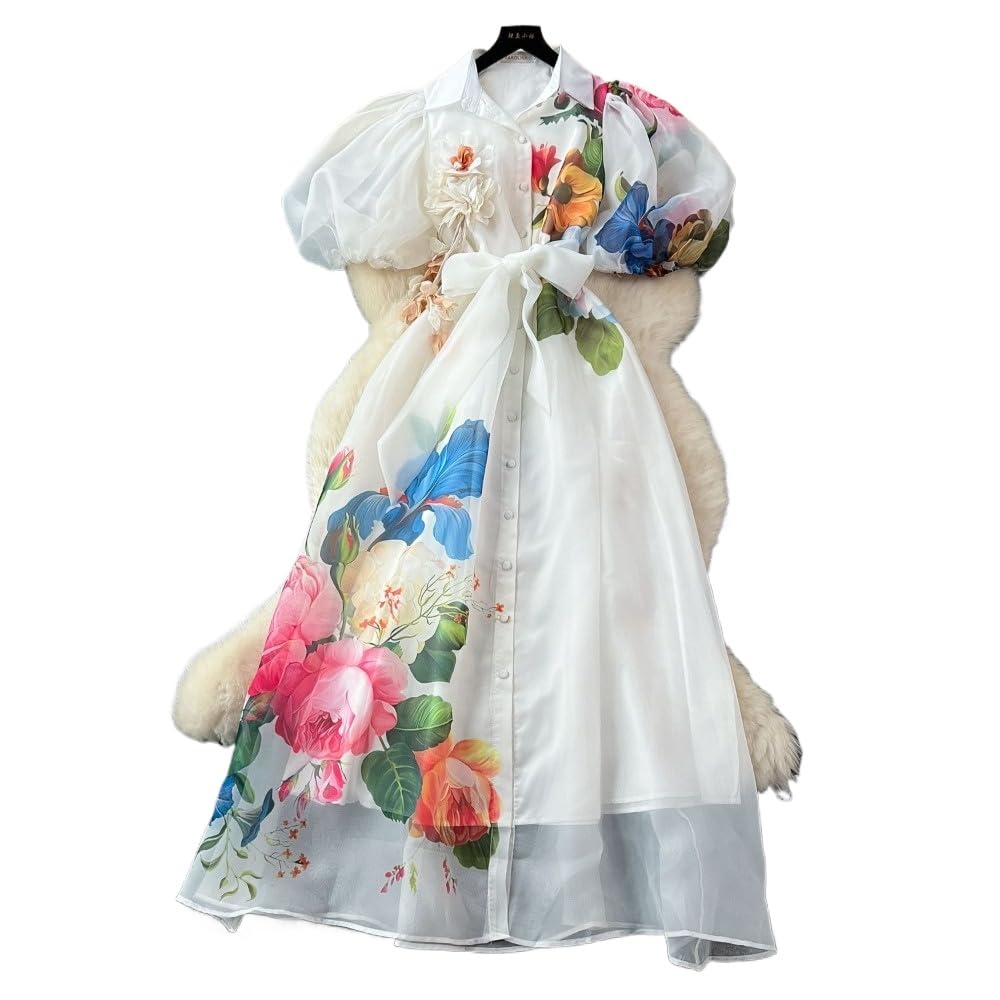 French-Style lace-Trimmed Ruffled-Sleeved Printed net Dress