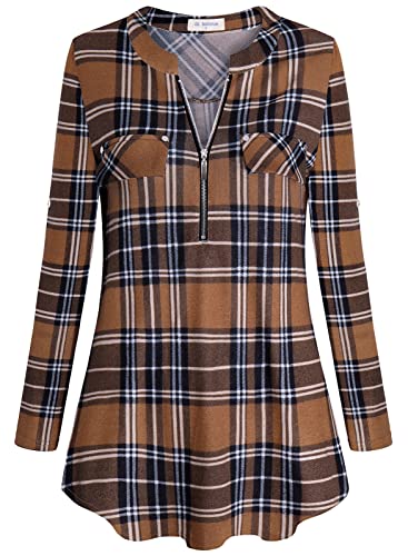 Image of Bulotus 3 /4 Length Sleeve Womens Striped Tops Zipper V Neck Collared Blouses Business Casual Tunics 2026 Spring Trendy