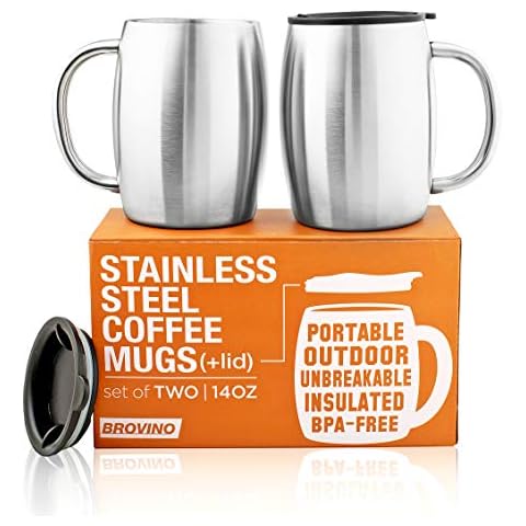 Stainless Steel Coffee Mugs with Lid ( Set of 2 ) - 14 oz Double Walled Steel Coffee Glasses with Lid & Handle - Coffee to Go, Travel, Outdoor, Camping - Vacuum, Shatterproof, Durable Coffee Mug Cover