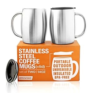 Stainless Steel Coffee Mugs with Lid ( Set of 2 ) – 14 oz Double Walled Steel Coffee Glasses with Lid & Handle – Coffee to Go, Travel, Outdoor, Camping – Vacuum, Shatterproof, Durable Coffee Mug