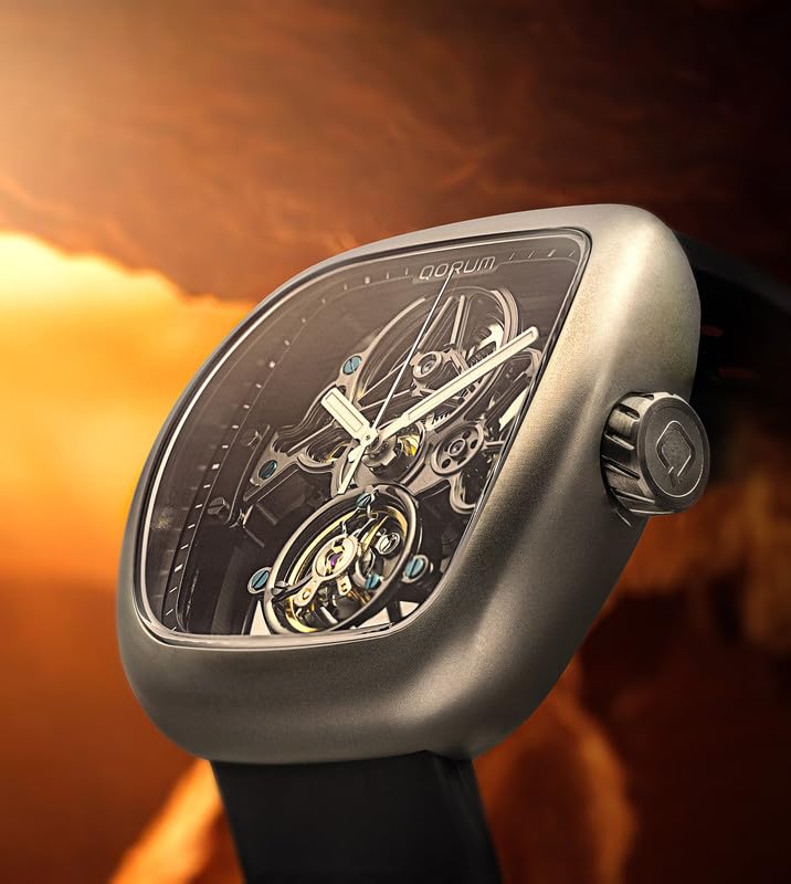 Image of QORUM Equinox Men's Automatic Skeleton Watch - Black Dial, Square Carbon Finish Case, Black Silicon Strap