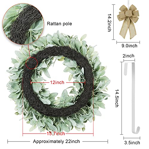 Wreaths, 22Inch Wreath For Front Door,Green Flocked Lambs Ear Wreath,With 3Pcs Bows 1Pcs Door Hanger For Home Porch Farmhouse Wall Window Patio Garden Decoration For All Seasons And Holidays #TOP2