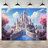 ASDCXZ 10x8ft Princess Castle Backdrop Pink Floral Blue Sky Photography Background White Cloud Forest Mountain Girls Birthday Baby Shower Banner Decorations Wedding Party Portrait Photo Booth Prop