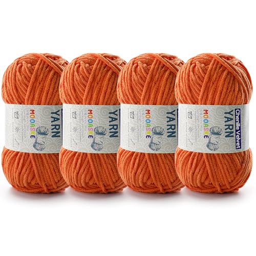 Image of 4 Pac Chenille Yarn for Crocheting - Blanket Yarn for Crocheting - Fluffy Yarn for Crochet, Baby Yarn for Crocheting Soft Blankets Weight Per Roll 50g /1.76oz, Length 60m /65yard (Orange)