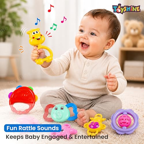 Image of Toyshine Pack of 7 Rattle Set with Teathers for Newborn Babies, Toy for Babies, Non-Toxic, Plastic, Multi-Colored