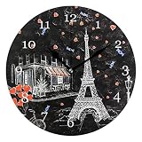 BIGJOKE Paris Eiffel Tower Reloj de Pared único, Funciona con Pilas, silencioso, Redondo, silencioso, para Oficina, recámara, Sala de Estar, Moderno, Aula, casa, Hotel, Decorativo, para niños
