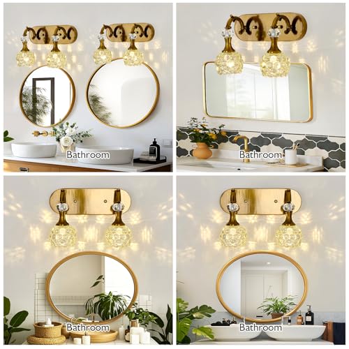 Image of 2 Light Vintage Vanity Light Gold Bathroom Lighting Fixtures Over Mirror Wall Sconce with Glass Shade