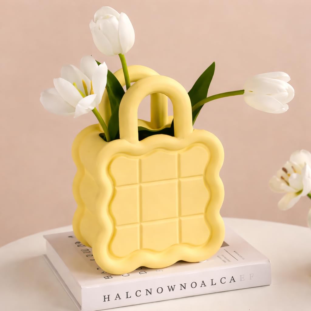 Modern Wavy Ceramic Flower Vase with Handle | Unique Handbag Shape Decorative Pottery Planter for Home Décor, Living Room, Office, or Bedroom (Yellow)-image-44