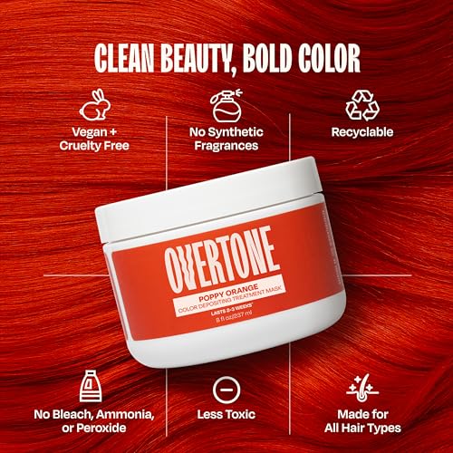 Image of Overtone Semi Permanent Hair Color Conditioner, Poppy Orange, 8 oz, Nourishing, Damage-Free, Color Depositing Mask for All Hair Types with Shea Butter & Coconut Oil, Vegan & Cruelty-Free