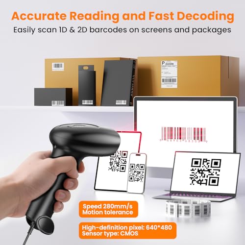 Image of HIROBOT USB Wired 2D /1D Barcode Scanner with Stand, Handheld Barcode Reader Compatible with QR Code & Barcode, Button Scan /Induction and Continuous Automatic Scan, with BIS & 1 Year Warranty