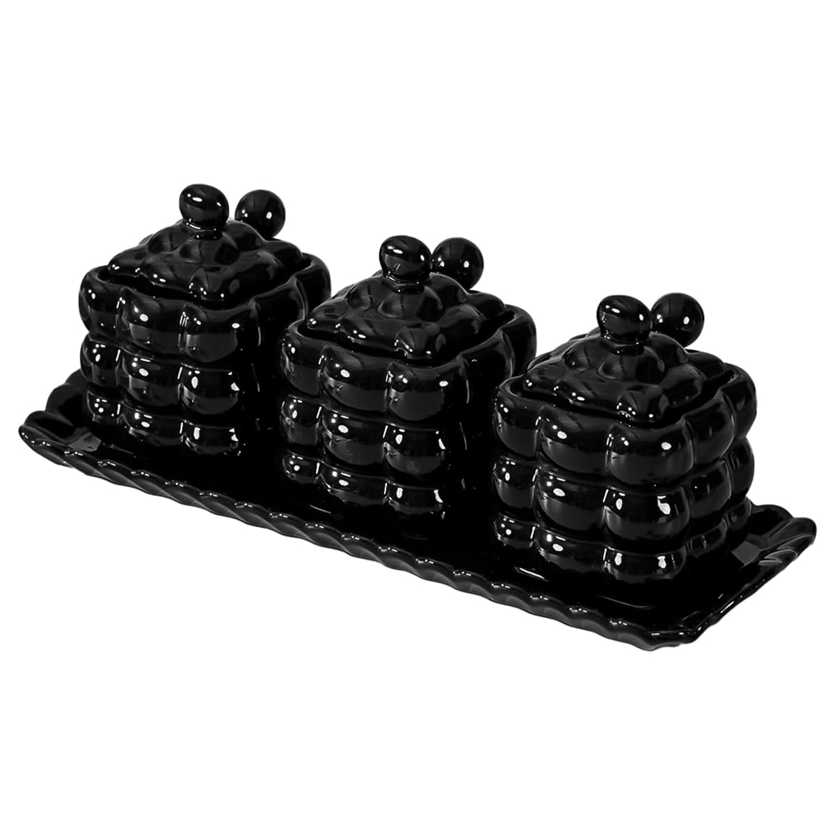 Fvstar Black Sugar Bowl with Lid, Spoon and Tray, Ceramic Sugar Bowls Set of 3, Kitchen Salt and Sugar Storage Jars, 10 Oz Porcelain Seasoning Container for Kitchen Countertop, Coffee Bar