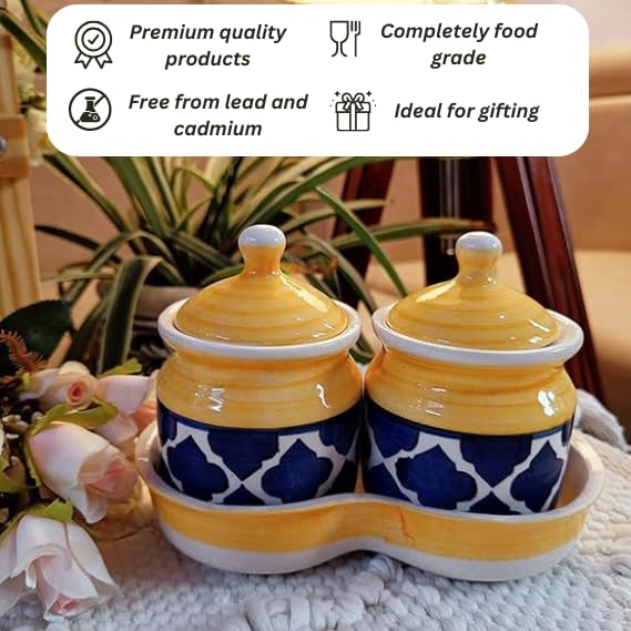 Image of Niyara Multipurpose Storage Ceramic Pickle set Jars & with Lid & tray & (Set of 2, 300 ML) (Yellow)