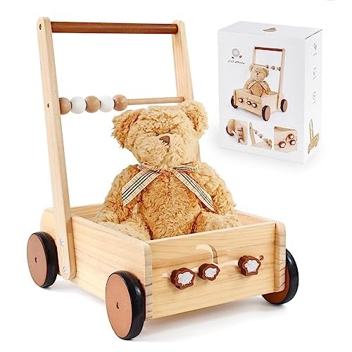 PairPear Wooden Baby Walker Push Toys,Adjustable Speed Nature Wood Push Walkers for Babies Learning to Walk,Toddler Push and Pull Toys Gift for baby Girls and Boys 1-2