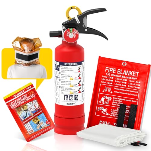 Ougist 3 Pieces Fire Extinguisher Kit for Home Kitchen and Car – Includes 2.5 lb ABC Dry Powder Fire Extinguisher with Quick-Release Handle, Emergency Smoke Hood and Fire Blanket