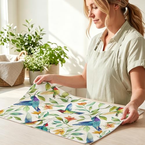 Image of 4Pcs Vibrant Watercolor Hummingbird Kitchen Towels, Artistic Floral Decorative Absorbent Microfiber Dish Cloth Tea Towel, Waffle Hand Towels for Farmhouse Home Bathroom, Bird Lover Gifts