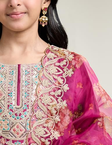 Image of Amazon Brand - Symbol Girl's Rayon Ethnic Wear Embroidered Kurta Set with Net Dupatta