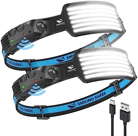 Smiling Shark Rechargeable Headlamp, 230ยฐWide Angle 6*White Light The Brightest LED Head Lamp with Motion Sensor Waterproof Headlight for Camping Hiking Outdoor, Head-Lamp-LED-Frontale-Rechargeable