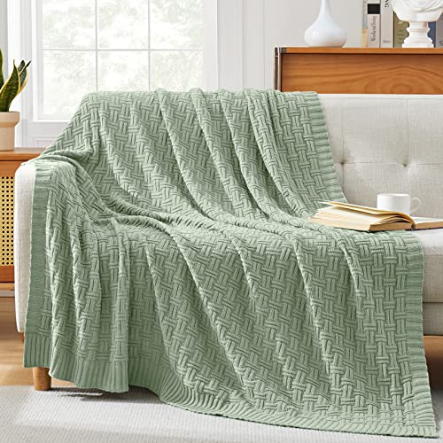 Image of TREELY 100% Cotton Knitted Throw Blanket 90 x 90 Inches, Light Sage Green