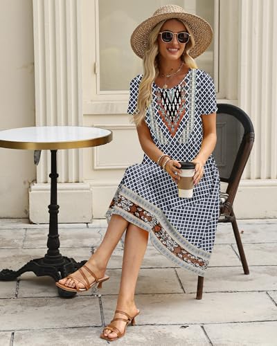 Image of COSSEN Women's 2026 Summer Midi Dress Crew Neck Short Sleeve Casual Tshirt Flowy Loose Sundress with Pockets