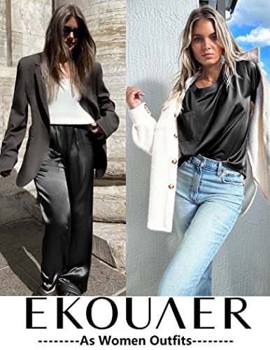 Image of Ekouaer Womens Satin Silky Pajama Set Short Sleeve Shirt with Long Pajama Pant Set Soft PJ Loungewear