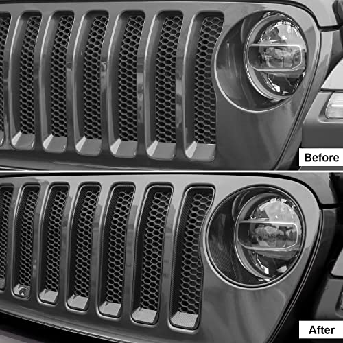 Image of CheroCar for JL Mesh Grille Grill Insert & Headlight Turn Light Cover Trim Exterior Accessories for Jeep Wrangler JL 2018-2023,Carbon Fiber