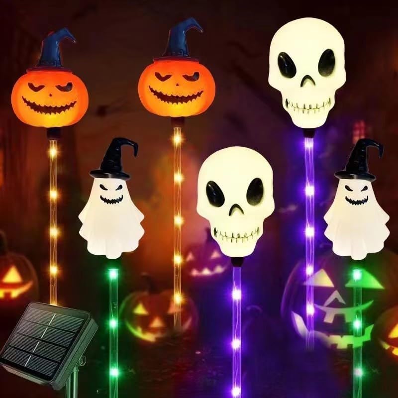 6 Pack LED Outdoor Solar Ground Insertion Colored Pumpkin Ghost Head Lights, Waterproof Solar Courtyard Decoration Halloween Lights, with 8 Modes of Colorful.