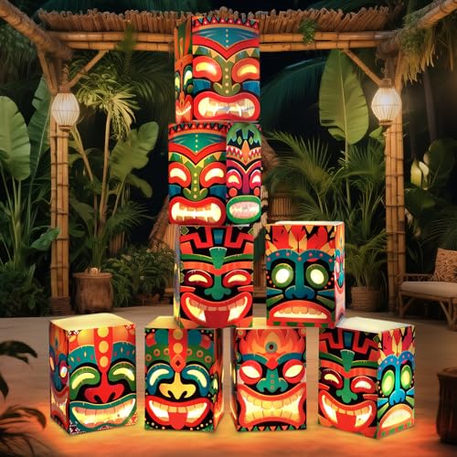 CHICERA 8 Pcs Tiki Totem Box Decor with Light,Hawaiian Tiki Bar Decorations,Tropical Decor,Polynesian Tiki Totem Lighted Gift Boxes for Tiki Party Decorations(8 Pcs)