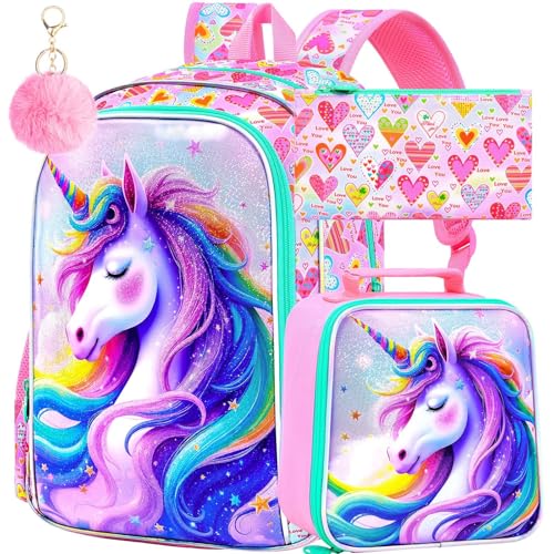 Image of CCJPX 3Pcs Unicorn Backpack, 16 inch Kids Girls Bookbag with Lunch Box, Water Resistant Elementary School Bag for Kindergarten Preschool Toddler (Pink)