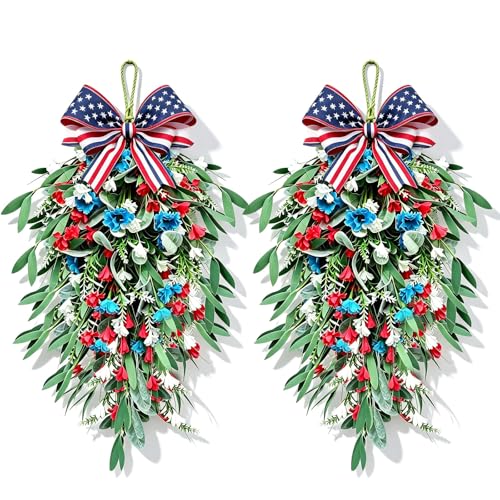 2 Pack 21 4th of July Swag Wreaths for Cabinets Independence Day Floral Teardrop Wreath with Artificial Flower and Eucalyptus Leaves Wreath Hanger for Farmhouse Front Door Porch Window Wall